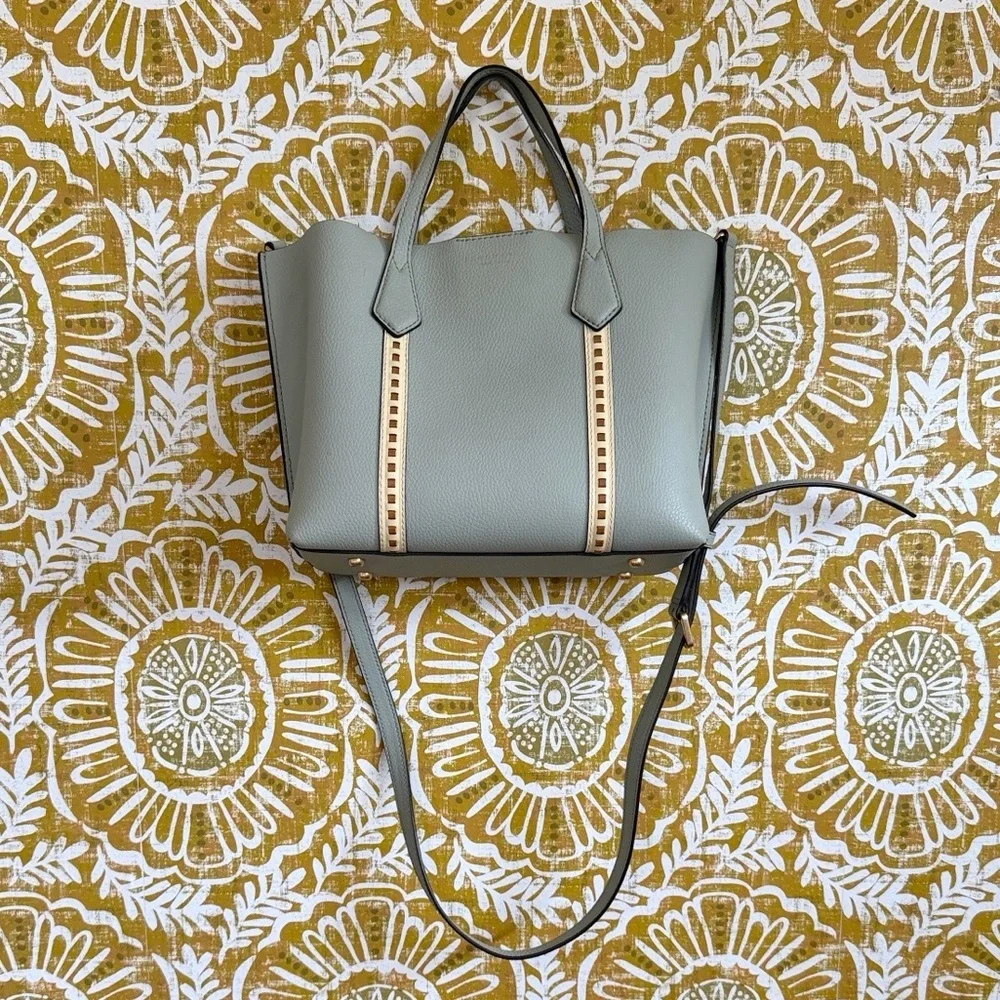 Tory Burch Perry Small Pick-Stitch Triple Compartment Tote Bag Pine Frost $428